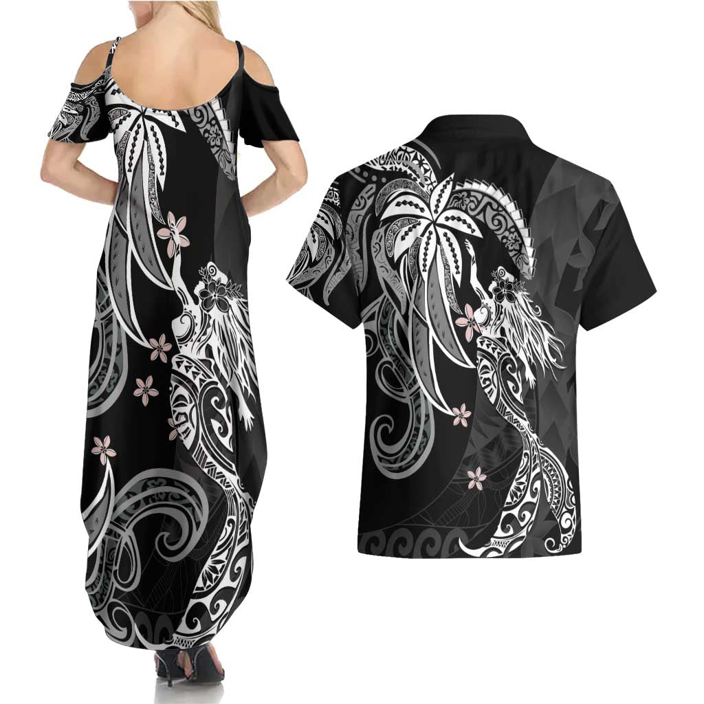 Polynesian Mermaid Plumeria Tribal Tattoo Couples Matching Summer Maxi Dress and Hawaiian Shirt