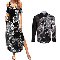 Polynesian Mermaid Plumeria Tribal Tattoo Couples Matching Summer Maxi Dress and Long Sleeve Button Shirt