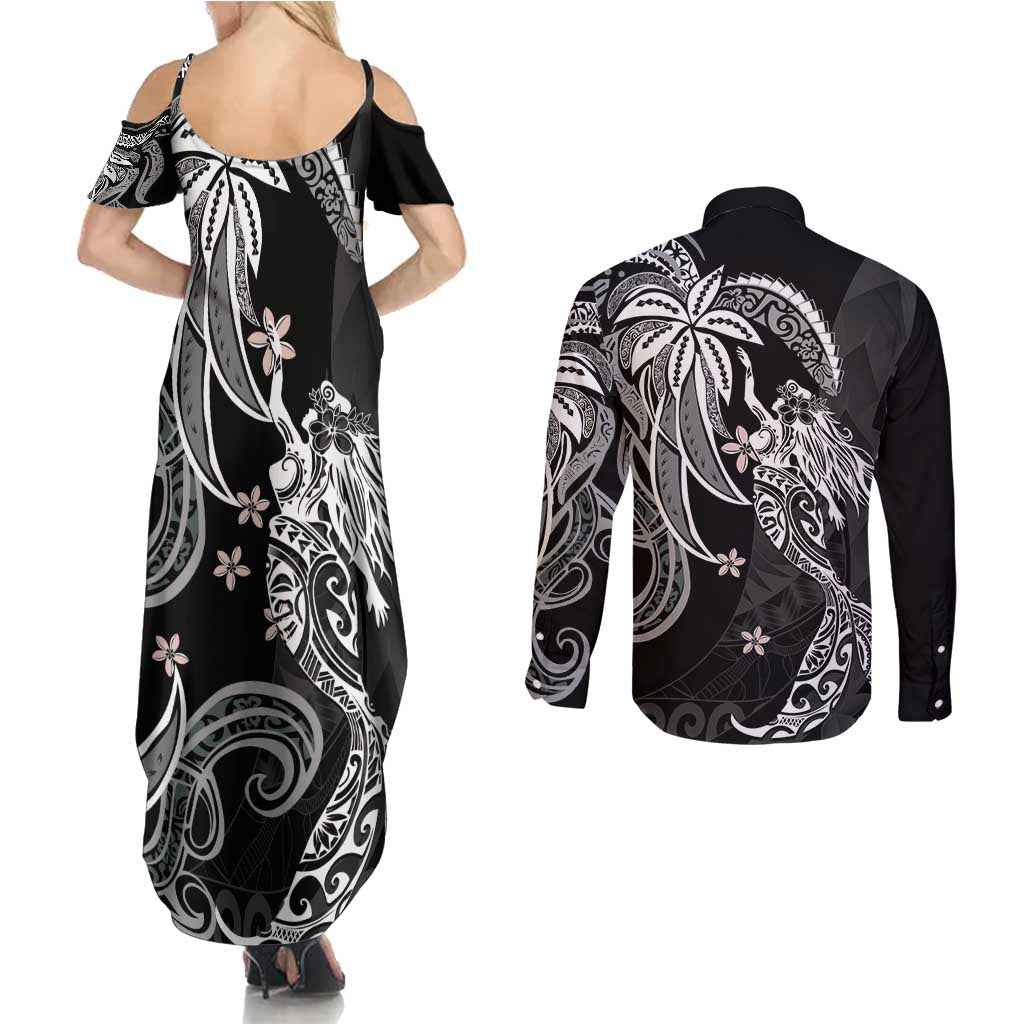Polynesian Mermaid Plumeria Tribal Tattoo Couples Matching Summer Maxi Dress and Long Sleeve Button Shirt