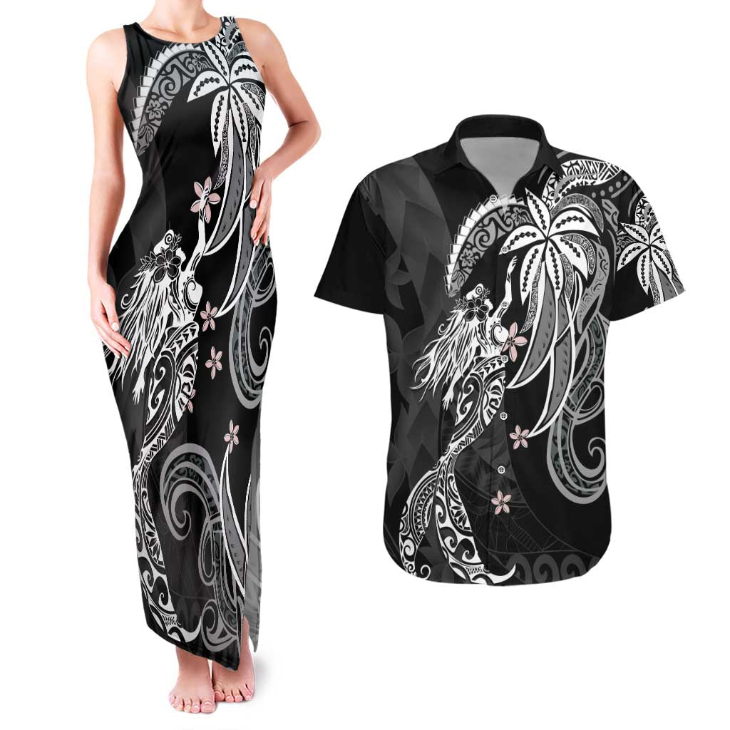 Polynesian Mermaid Plumeria Tribal Tattoo Couples Matching Tank Maxi Dress and Hawaiian Shirt