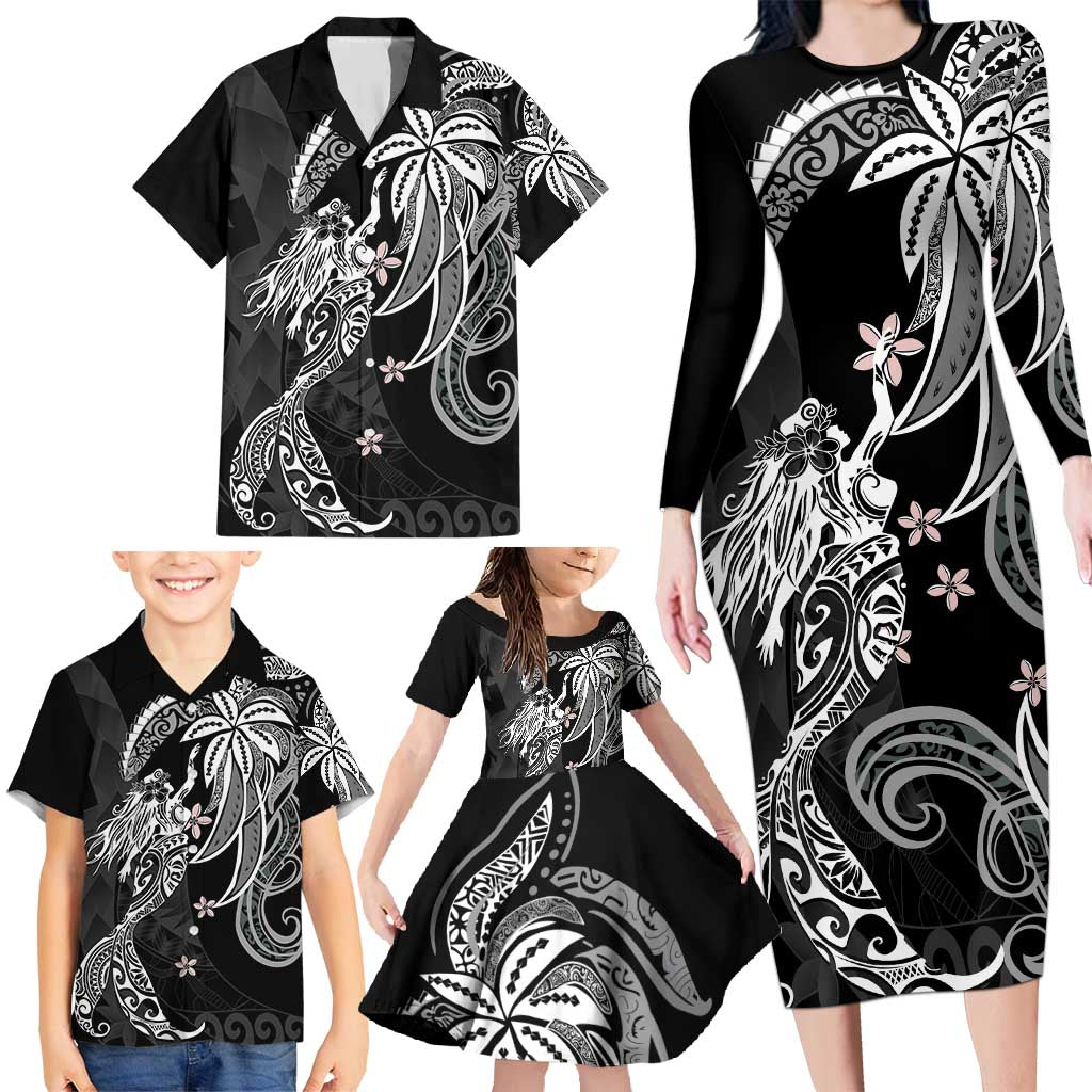 Polynesian Mermaid Plumeria Tribal Tattoo Family Matching Long Sleeve Bodycon Dress and Hawaiian Shirt