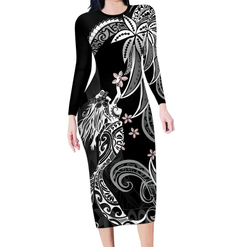 Polynesian Mermaid Plumeria Tribal Tattoo Family Matching Long Sleeve Bodycon Dress and Hawaiian Shirt