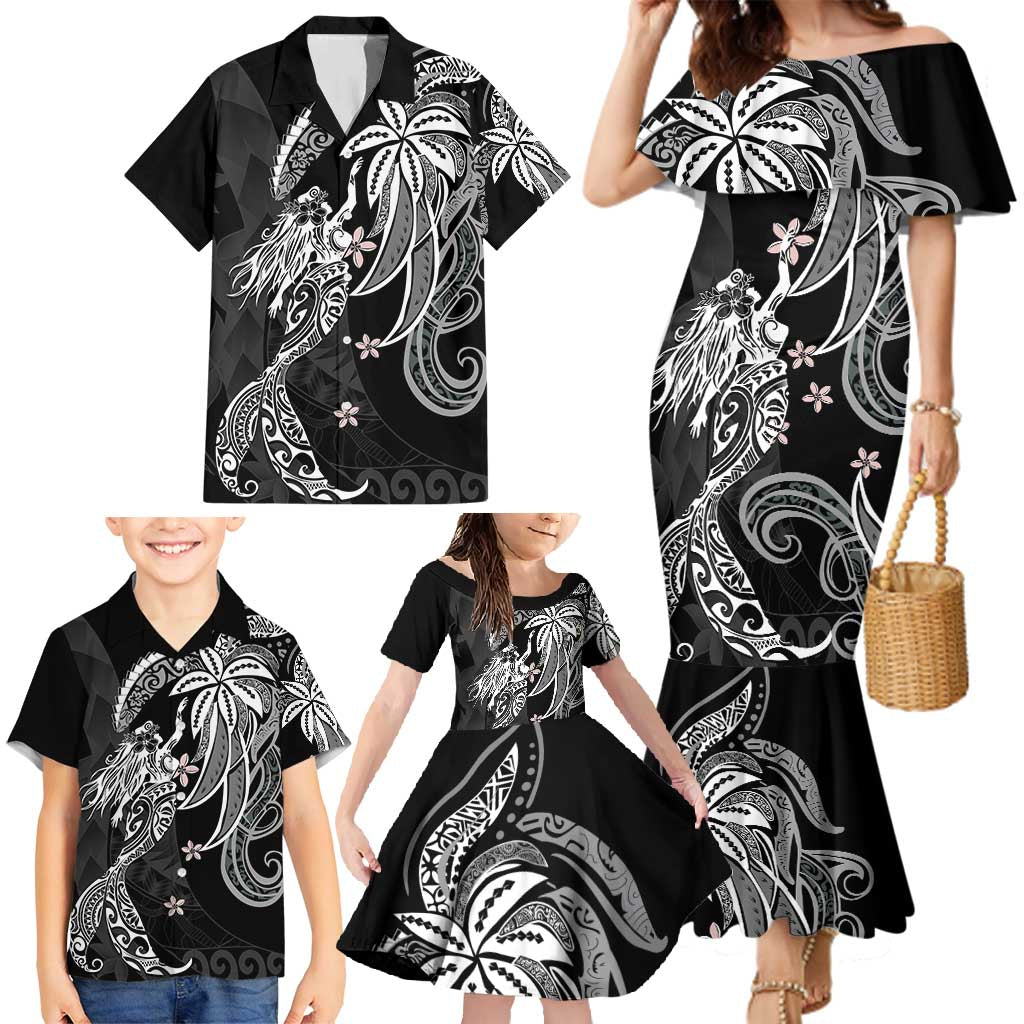 Polynesian Mermaid Plumeria Tribal Tattoo Family Matching Mermaid Dress and Hawaiian Shirt