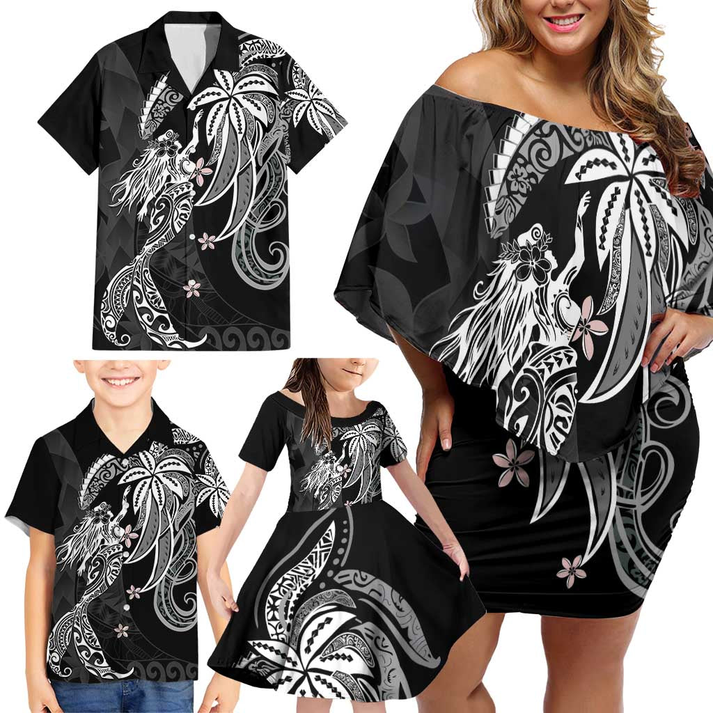 Polynesian Mermaid Plumeria Tribal Tattoo Family Matching Off Shoulder Short Dress and Hawaiian Shirt