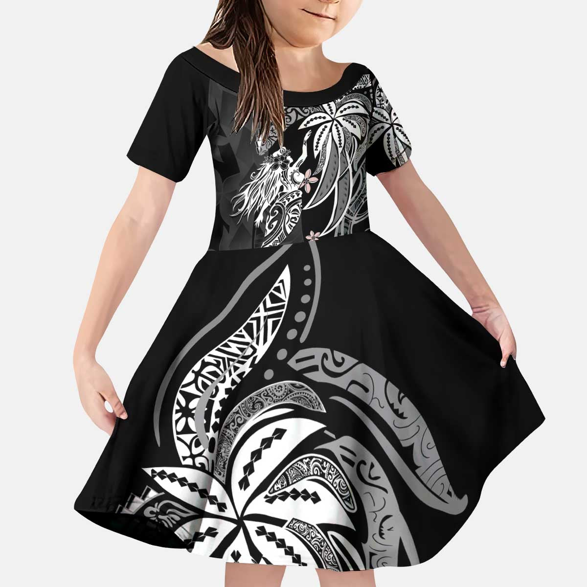 Polynesian Mermaid Plumeria Tribal Tattoo Kid Short Sleeve Dress