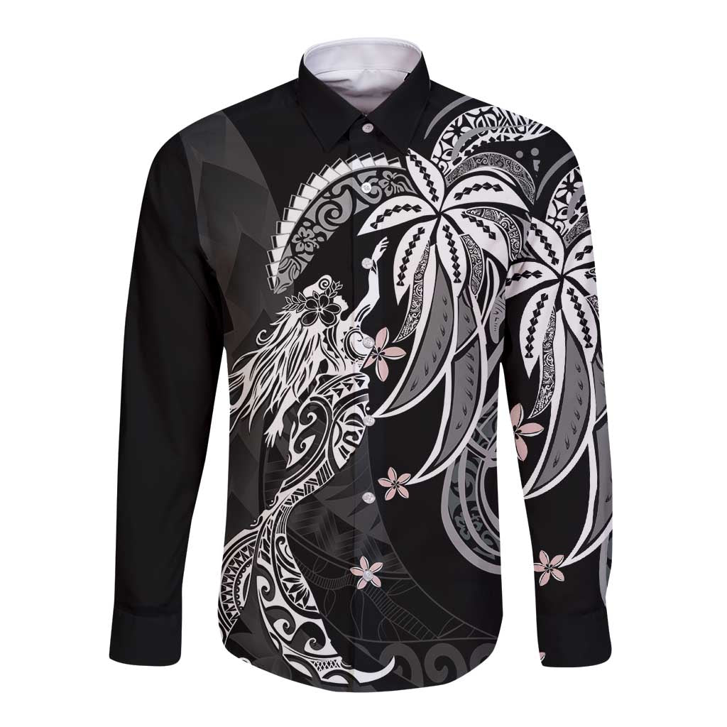 Polynesian Mermaid Plumeria Tribal Tattoo Long Sleeve Button Shirt LT01 Unisex Black - Polynesian Pride