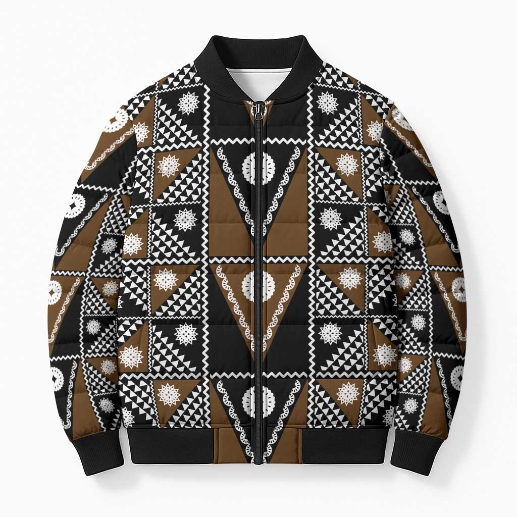 Fiji Brown Masi Pattern Bomber Puffer Jacket Fijian Tapa