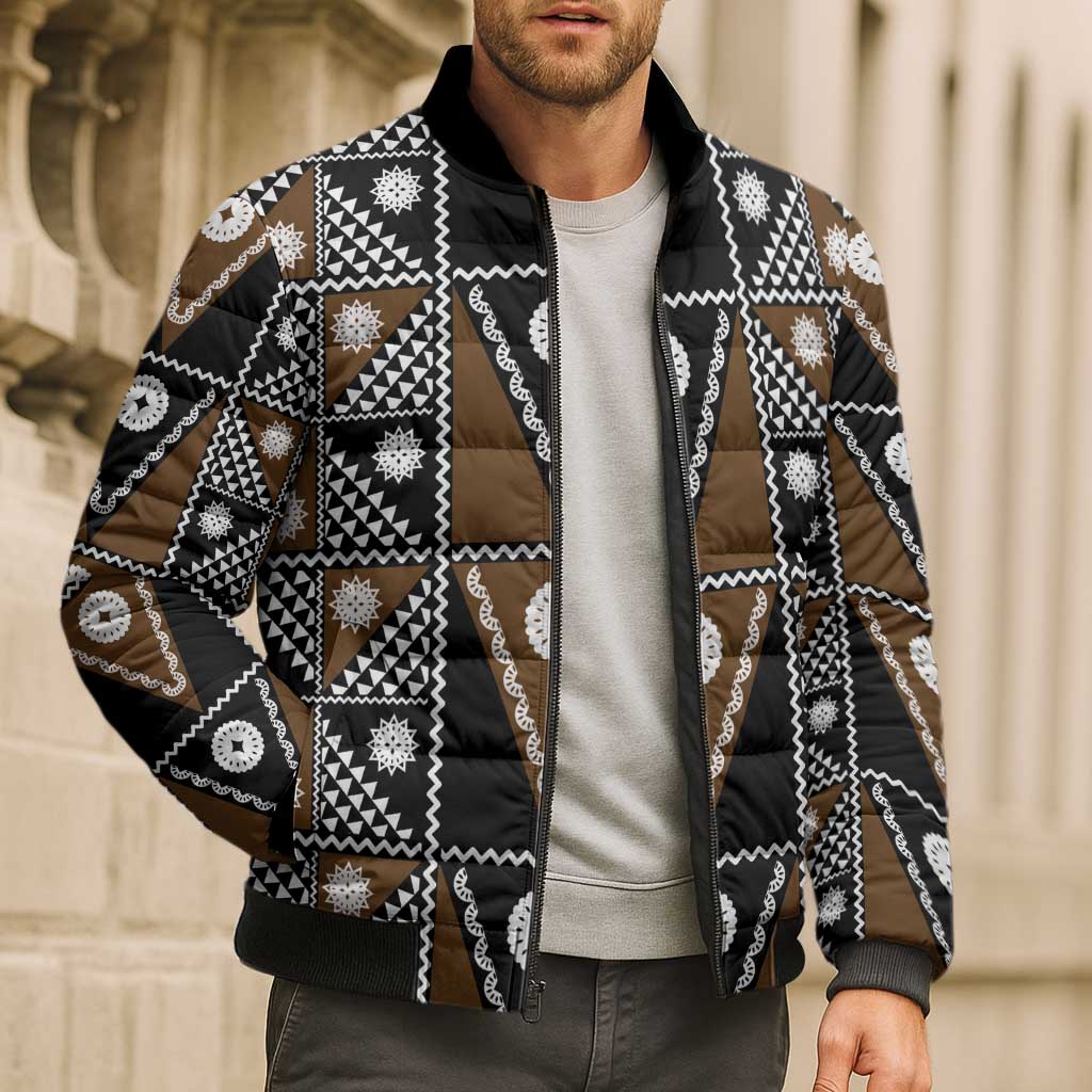 Fiji Brown Masi Pattern Bomber Puffer Jacket Fijian Tapa