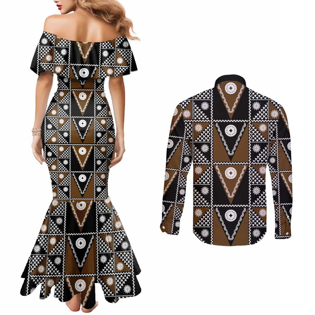 Fiji Brown Masi Pattern Couples Matching Mermaid Dress and Long Sleeve Button Shirt Fijian Tapa