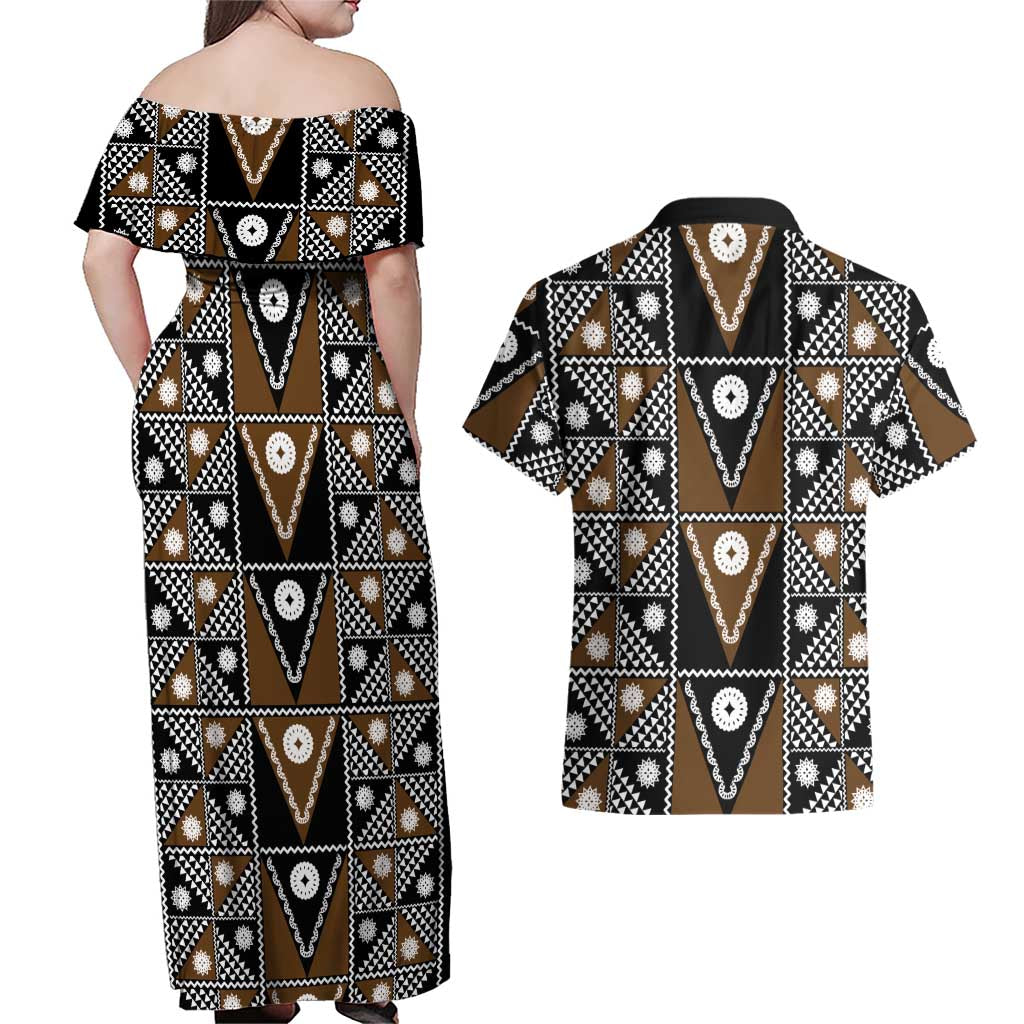 Fiji Brown Masi Pattern Couples Matching Off Shoulder Maxi Dress and Hawaiian Shirt Fijian Tapa
