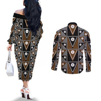 Fiji Brown Masi Pattern Couples Matching Off The Shoulder Long Sleeve Dress and Long Sleeve Button Shirt Fijian Tapa