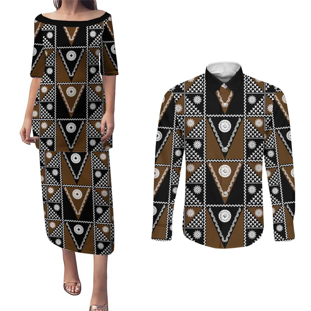 Fiji Brown Masi Pattern Couples Matching Puletasi and Long Sleeve Button Shirt Fijian Tapa