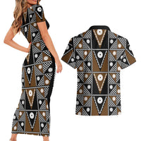 Fiji Brown Masi Pattern Couples Matching Short Sleeve Bodycon Dress and Hawaiian Shirt Fijian Tapa