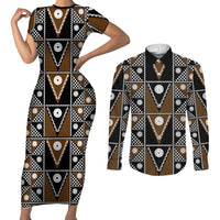 Fiji Brown Masi Pattern Couples Matching Short Sleeve Bodycon Dress and Long Sleeve Button Shirt Fijian Tapa
