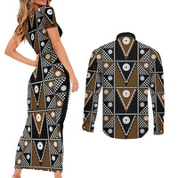 Fiji Brown Masi Pattern Couples Matching Short Sleeve Bodycon Dress and Long Sleeve Button Shirt Fijian Tapa