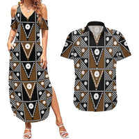 Fiji Brown Masi Pattern Couples Matching Summer Maxi Dress and Hawaiian Shirt Fijian Tapa