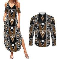 Fiji Brown Masi Pattern Couples Matching Summer Maxi Dress and Long Sleeve Button Shirt Fijian Tapa LT01 Brown - Polynesian Pride