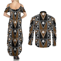 Fiji Brown Masi Pattern Couples Matching Summer Maxi Dress and Long Sleeve Button Shirt Fijian Tapa LT01 - Polynesian Pride