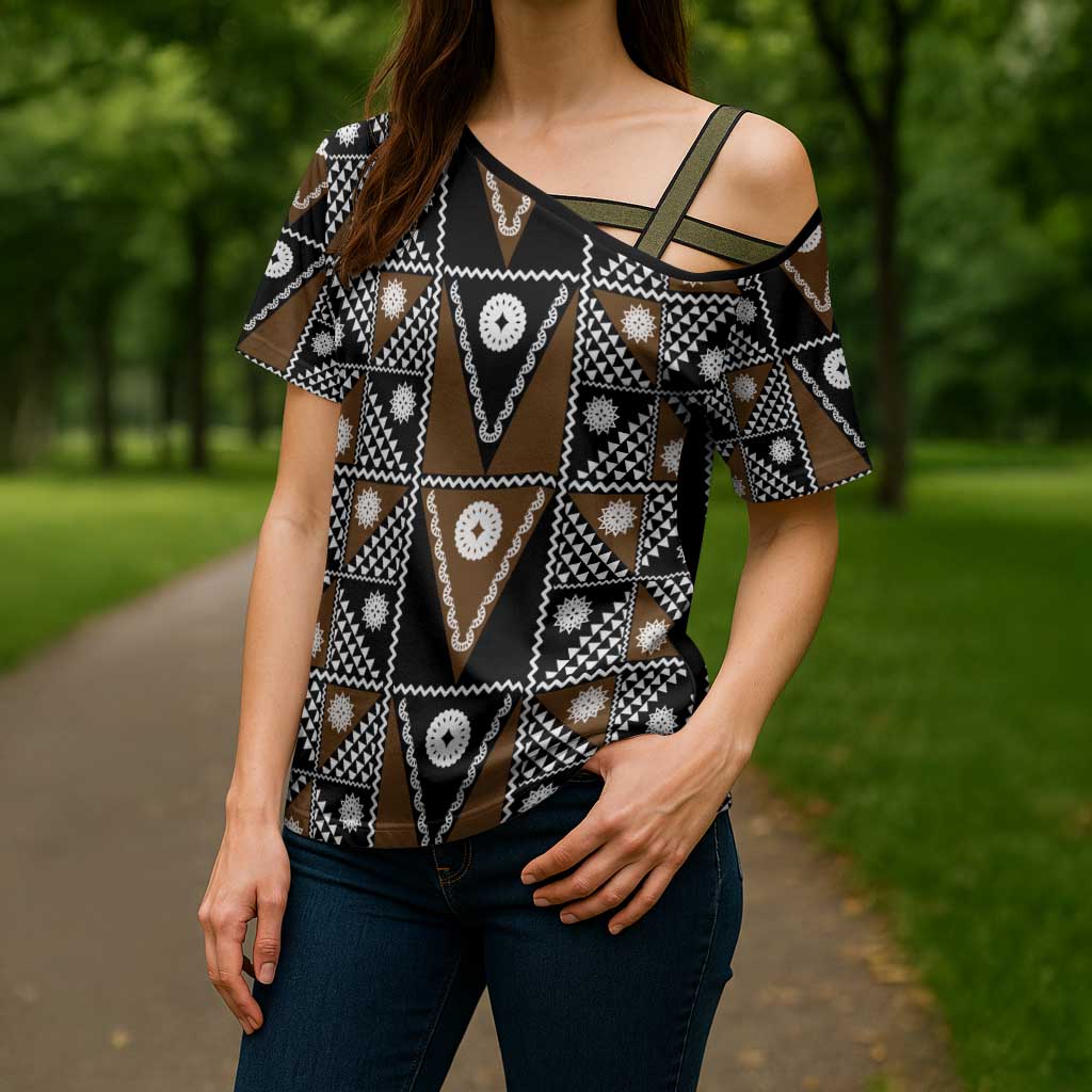 Fiji Brown Masi Pattern Cross Shoulder Shirt Fijian Tapa