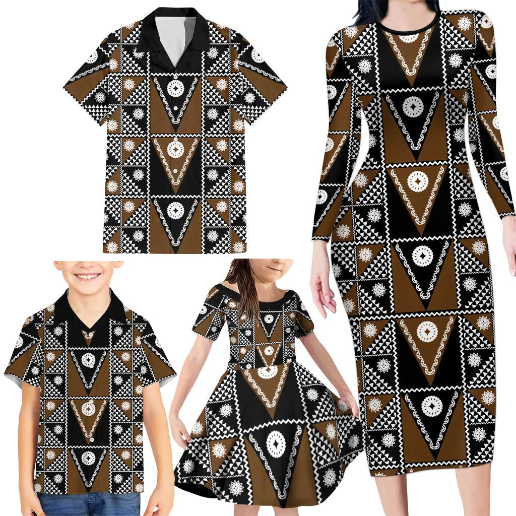 Fiji Brown Masi Pattern Family Matching Long Sleeve Bodycon Dress and Hawaiian Shirt Fijian Tapa