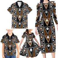 Fiji Brown Masi Pattern Family Matching Long Sleeve Bodycon Dress and Hawaiian Shirt Fijian Tapa