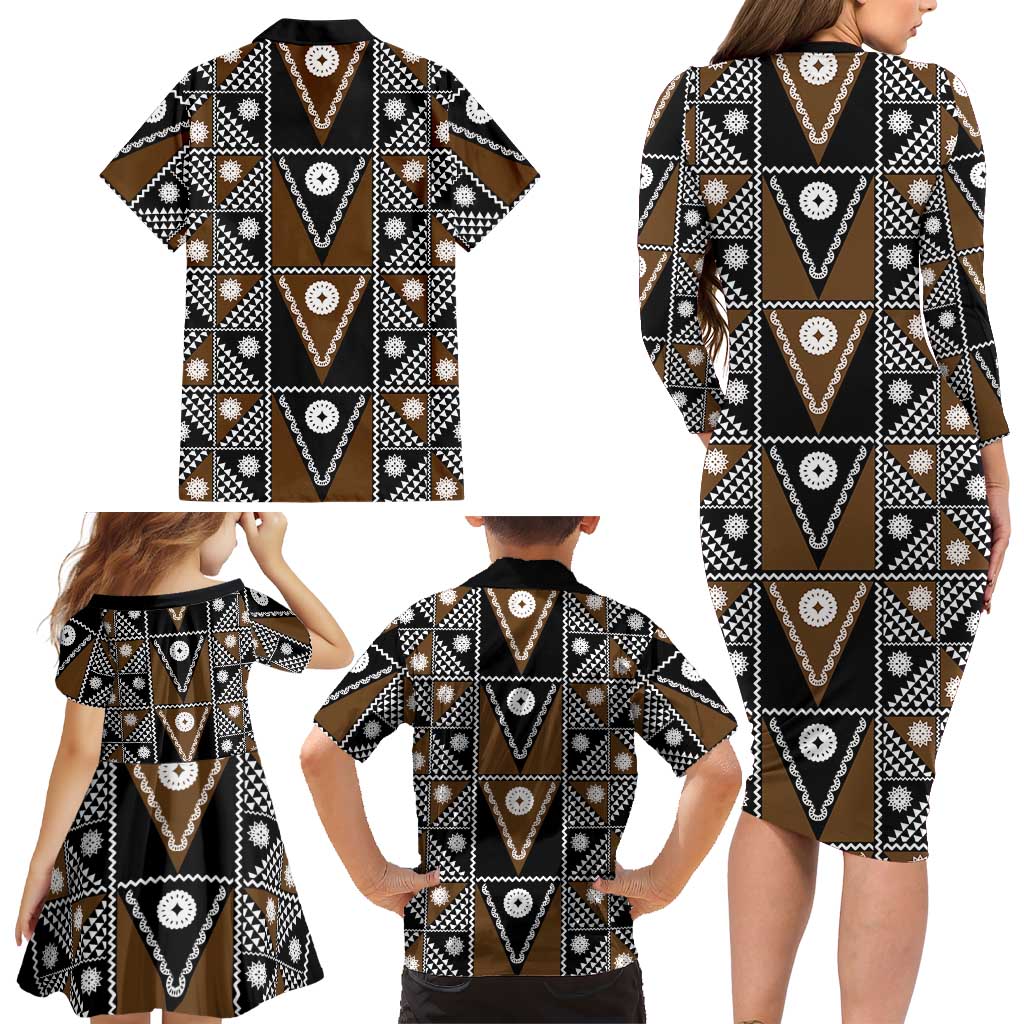 Fiji Brown Masi Pattern Family Matching Long Sleeve Bodycon Dress and Hawaiian Shirt Fijian Tapa