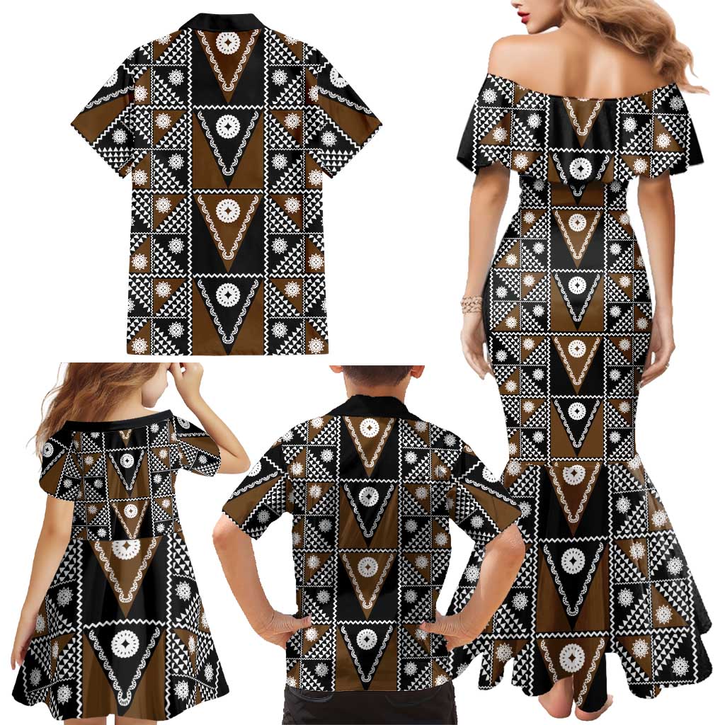 Fiji Brown Masi Pattern Family Matching Mermaid Dress and Hawaiian Shirt Fijian Tapa