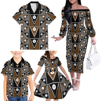 Fiji Brown Masi Pattern Family Matching Off The Shoulder Long Sleeve Dress and Hawaiian Shirt Fijian Tapa