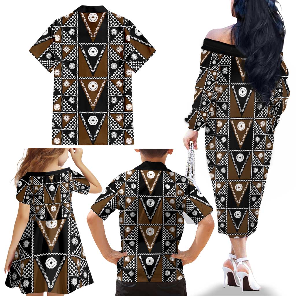 Fiji Brown Masi Pattern Family Matching Off The Shoulder Long Sleeve Dress and Hawaiian Shirt Fijian Tapa