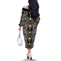 Fiji Brown Masi Pattern Family Matching Off The Shoulder Long Sleeve Dress and Hawaiian Shirt Fijian Tapa