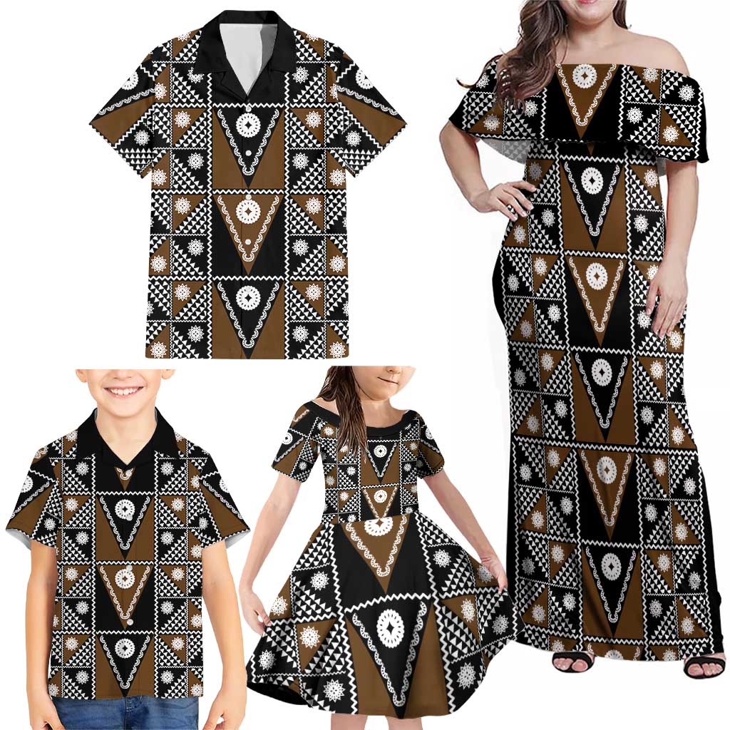 Fiji Brown Masi Pattern Family Matching Off Shoulder Maxi Dress and Hawaiian Shirt Fijian Tapa