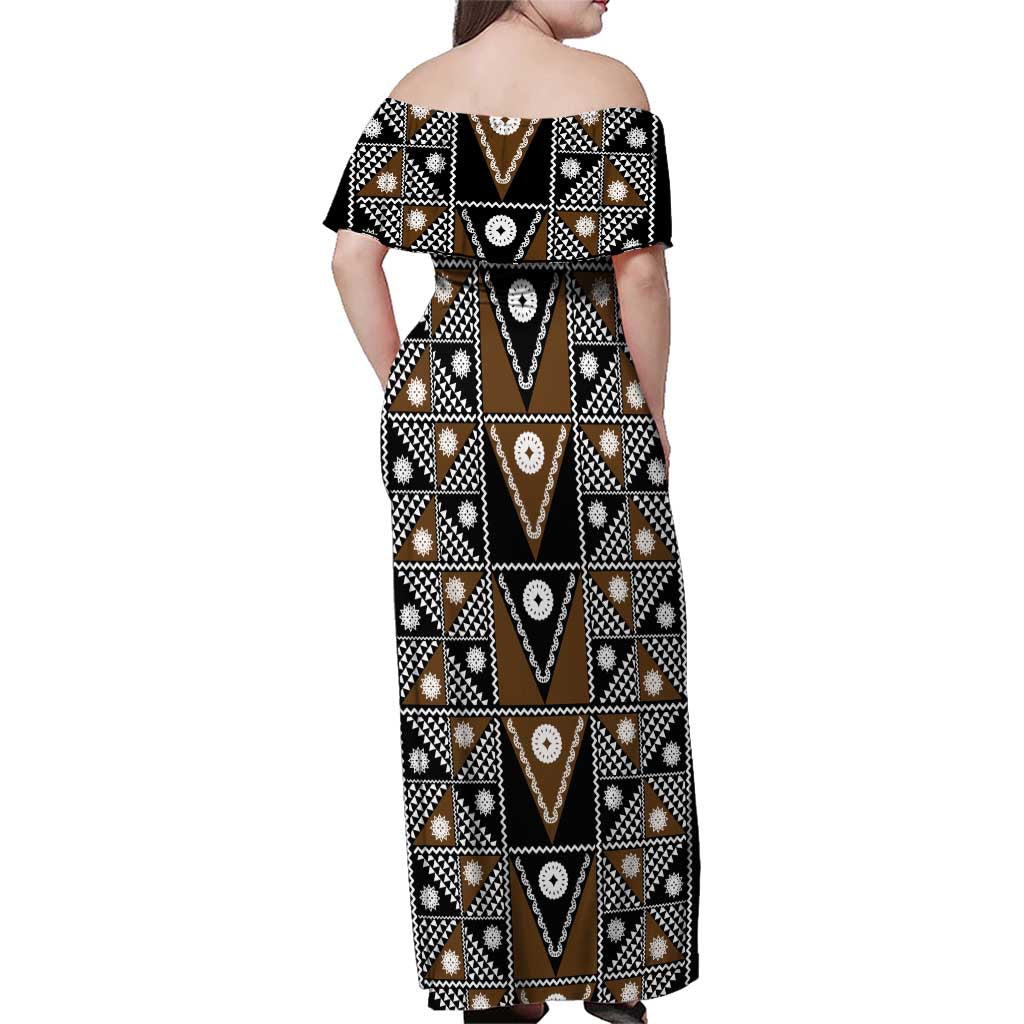 Fiji Brown Masi Pattern Family Matching Off Shoulder Maxi Dress and Hawaiian Shirt Fijian Tapa