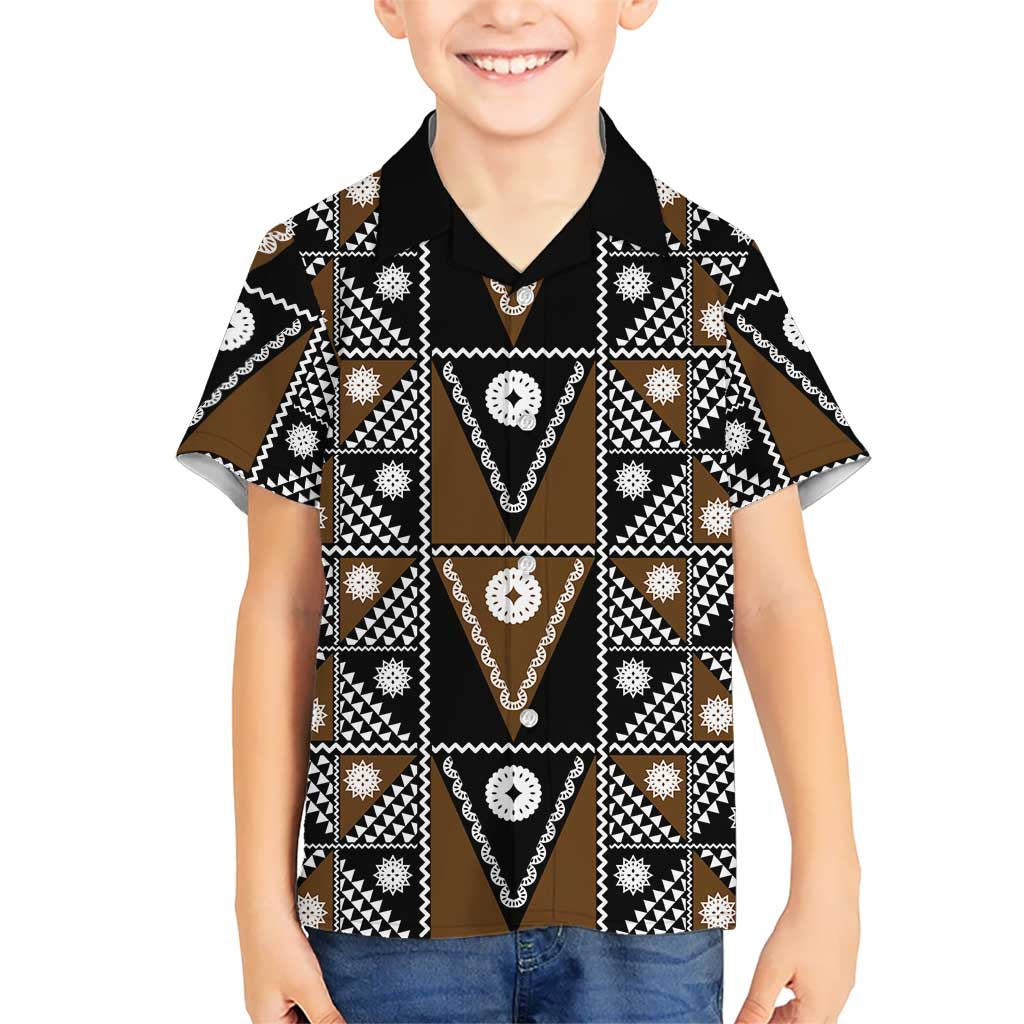 Fiji Brown Masi Pattern Family Matching Off Shoulder Short Dress and Hawaiian Shirt Fijian Tapa