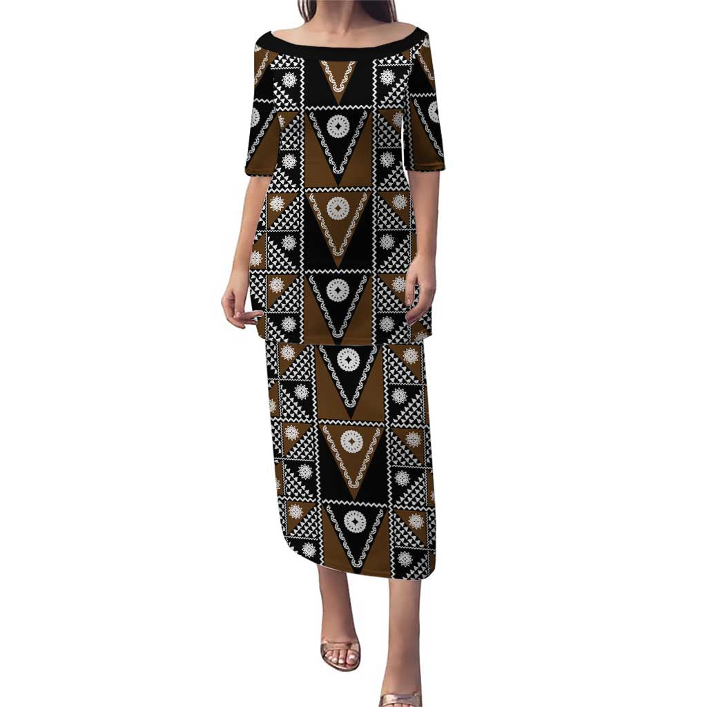 Fiji Brown Masi Pattern Family Matching Puletasi and Hawaiian Shirt Fijian Tapa