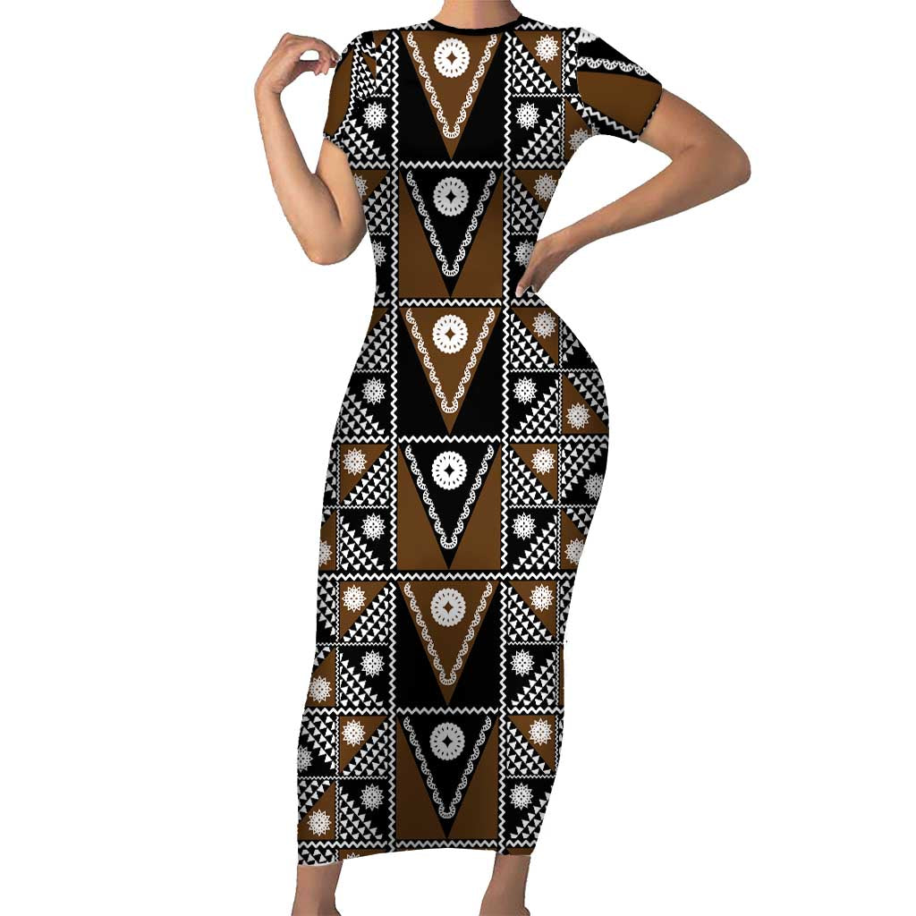 Fiji Brown Masi Pattern Family Matching Short Sleeve Bodycon Dress and Hawaiian Shirt Fijian Tapa