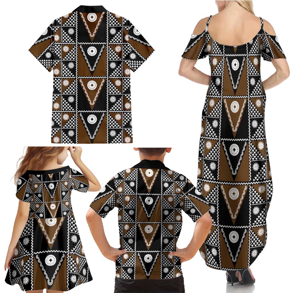 Fiji Brown Masi Pattern Family Matching Summer Maxi Dress and Hawaiian Shirt Fijian Tapa