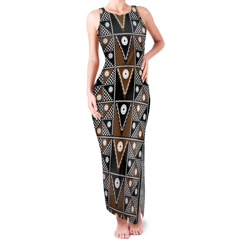 Fiji Brown Masi Pattern Family Matching Tank Maxi Dress and Hawaiian Shirt Fijian Tapa