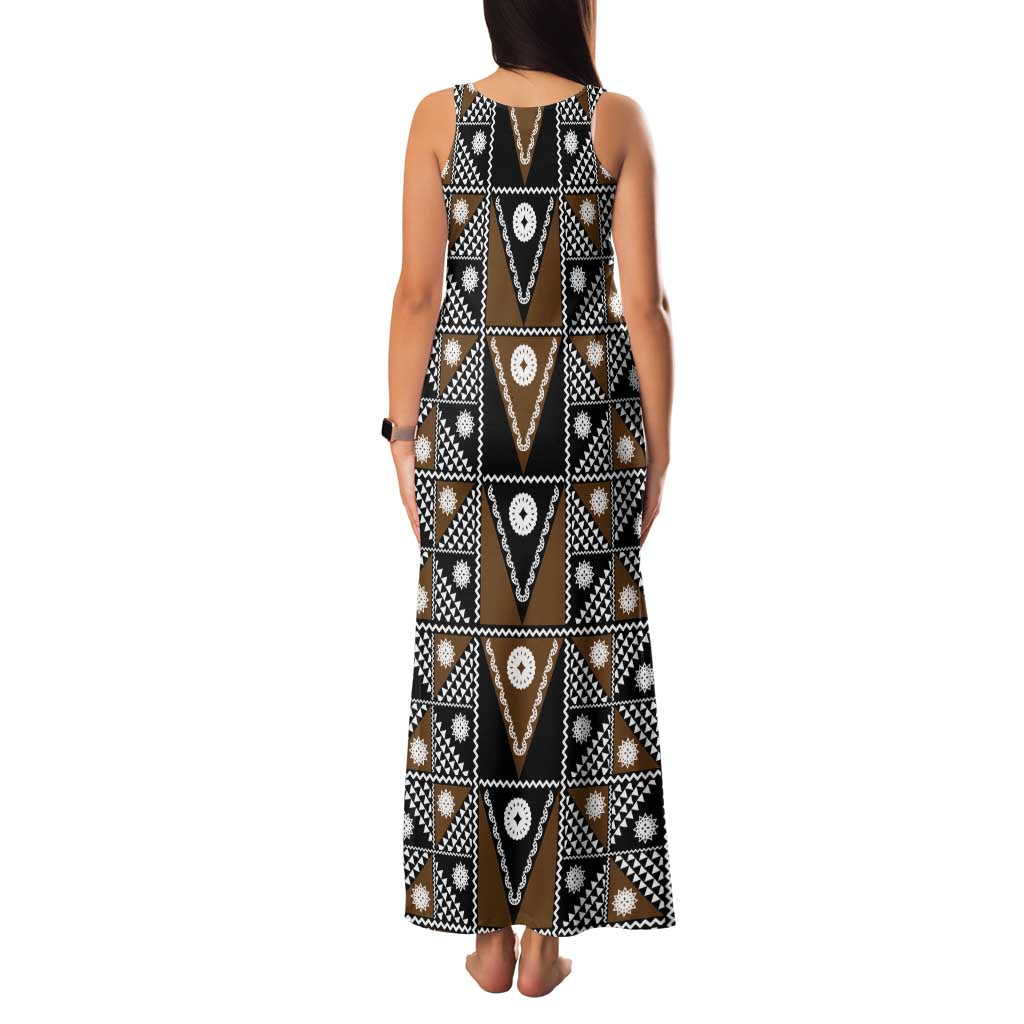 Fiji Brown Masi Pattern Family Matching Tank Maxi Dress and Hawaiian Shirt Fijian Tapa