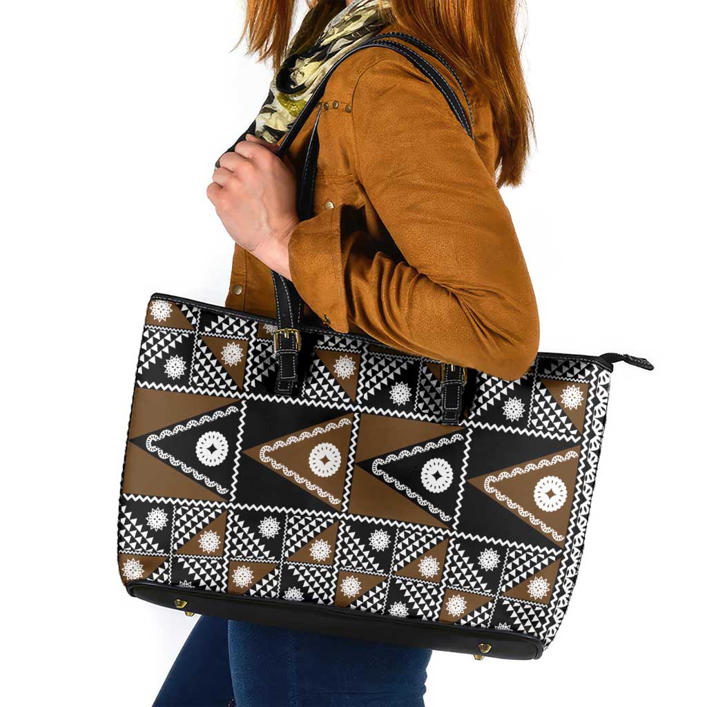 Fiji Brown Masi Pattern Leather Tote Bag Fijian Tapa