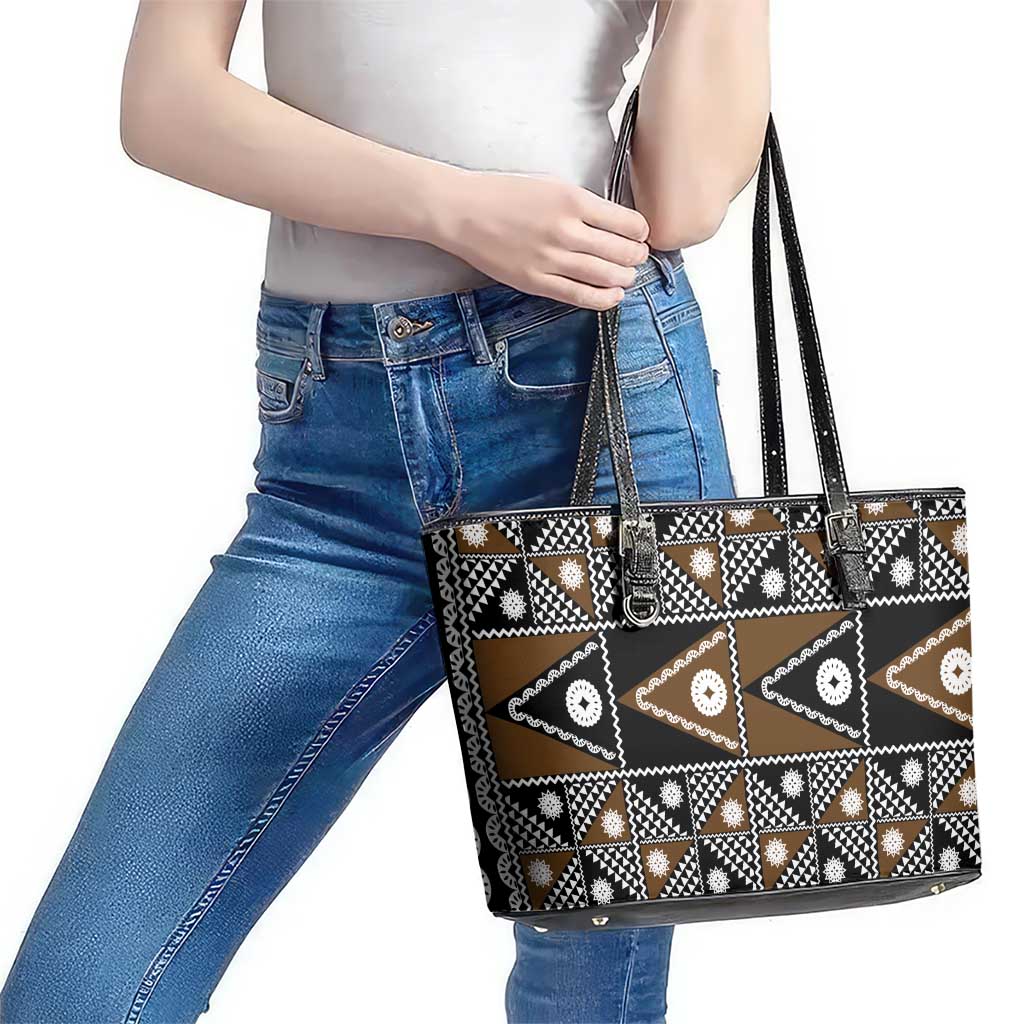 Fiji Brown Masi Pattern Leather Tote Bag Fijian Tapa
