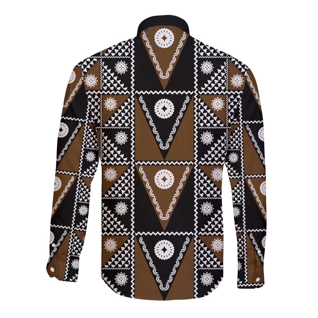 Fiji Brown Masi Pattern Long Sleeve Button Shirt Fijian Tapa