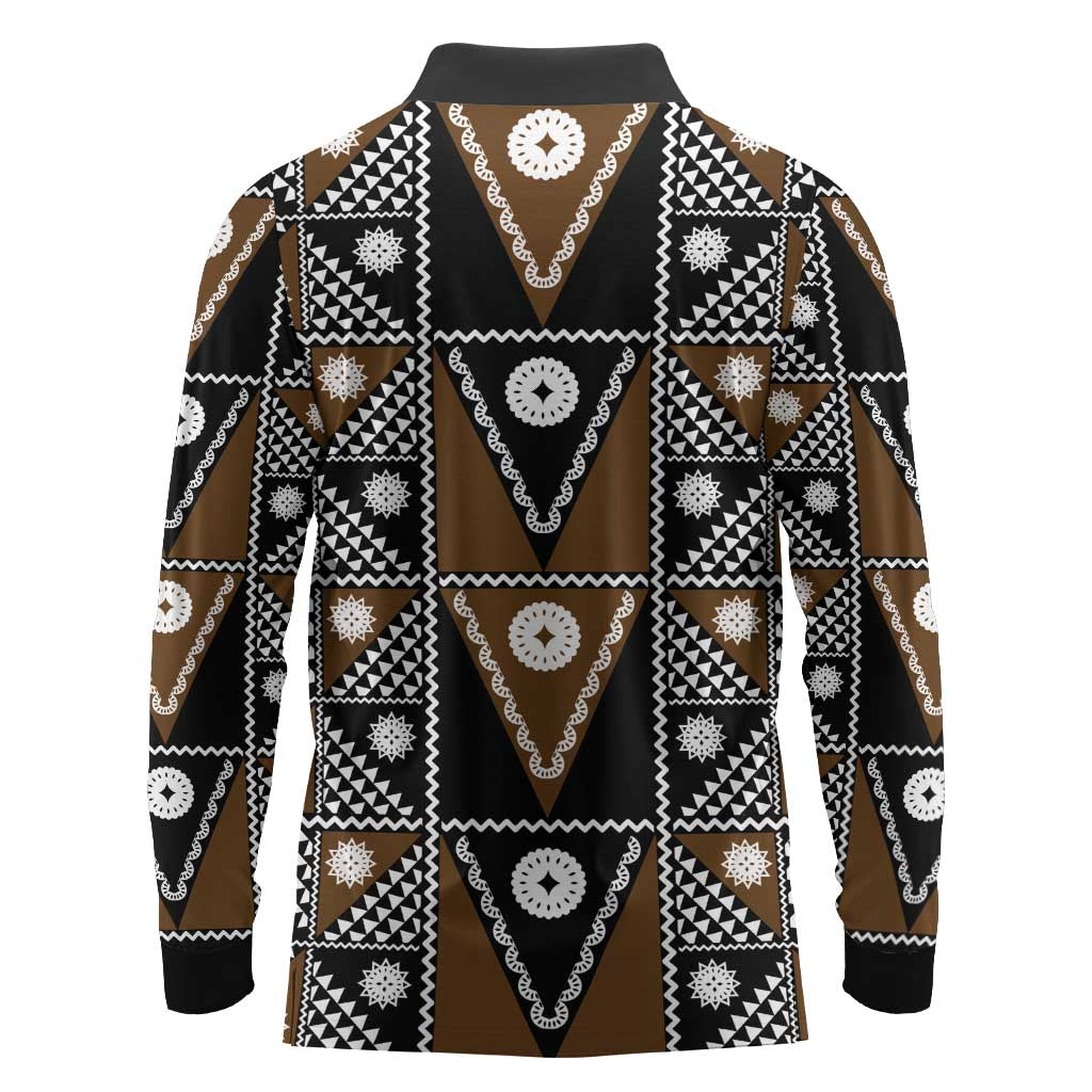 Fiji Brown Masi Pattern Long Sleeve Polo Shirt Fijian Tapa