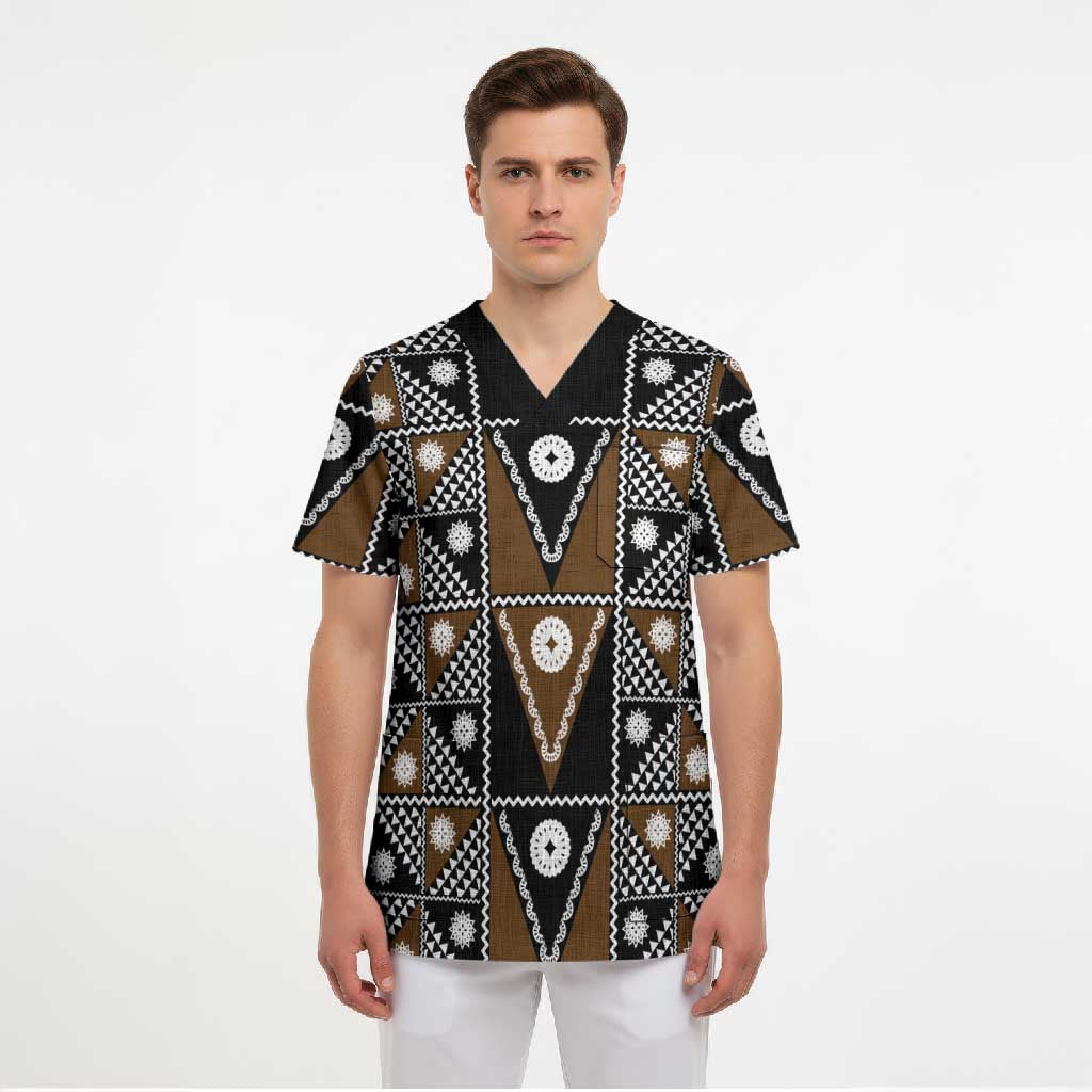 Fiji Brown Masi Pattern Scrub Top Fijian Tapa