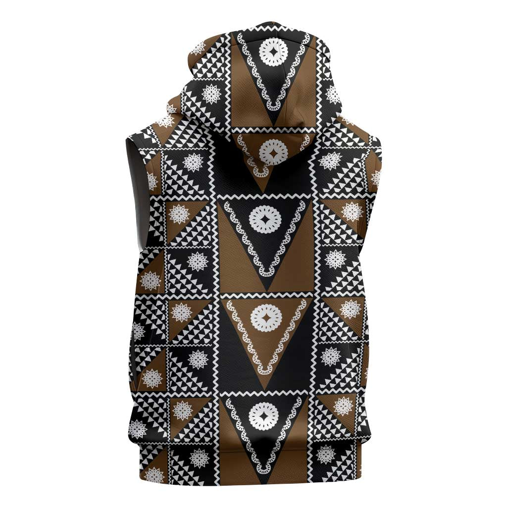 Fiji Brown Masi Pattern Sleeveless Hoodie Fijian Tapa