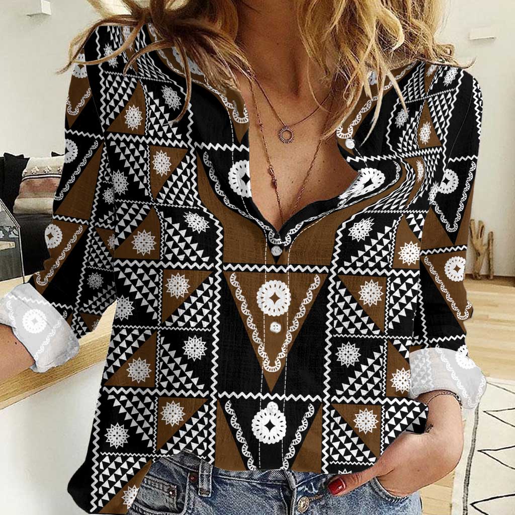 Fiji Brown Masi Pattern Women Casual Shirt Fijian Tapa LT01 Female Brown - Polynesian Pride
