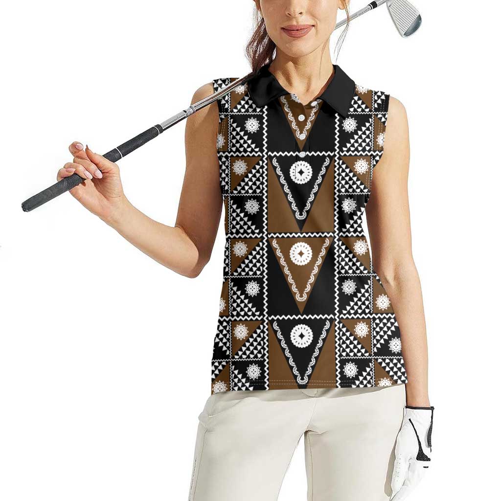 Fiji Brown Masi Pattern Women Sleeveless Polo Shirt Fijian Tapa