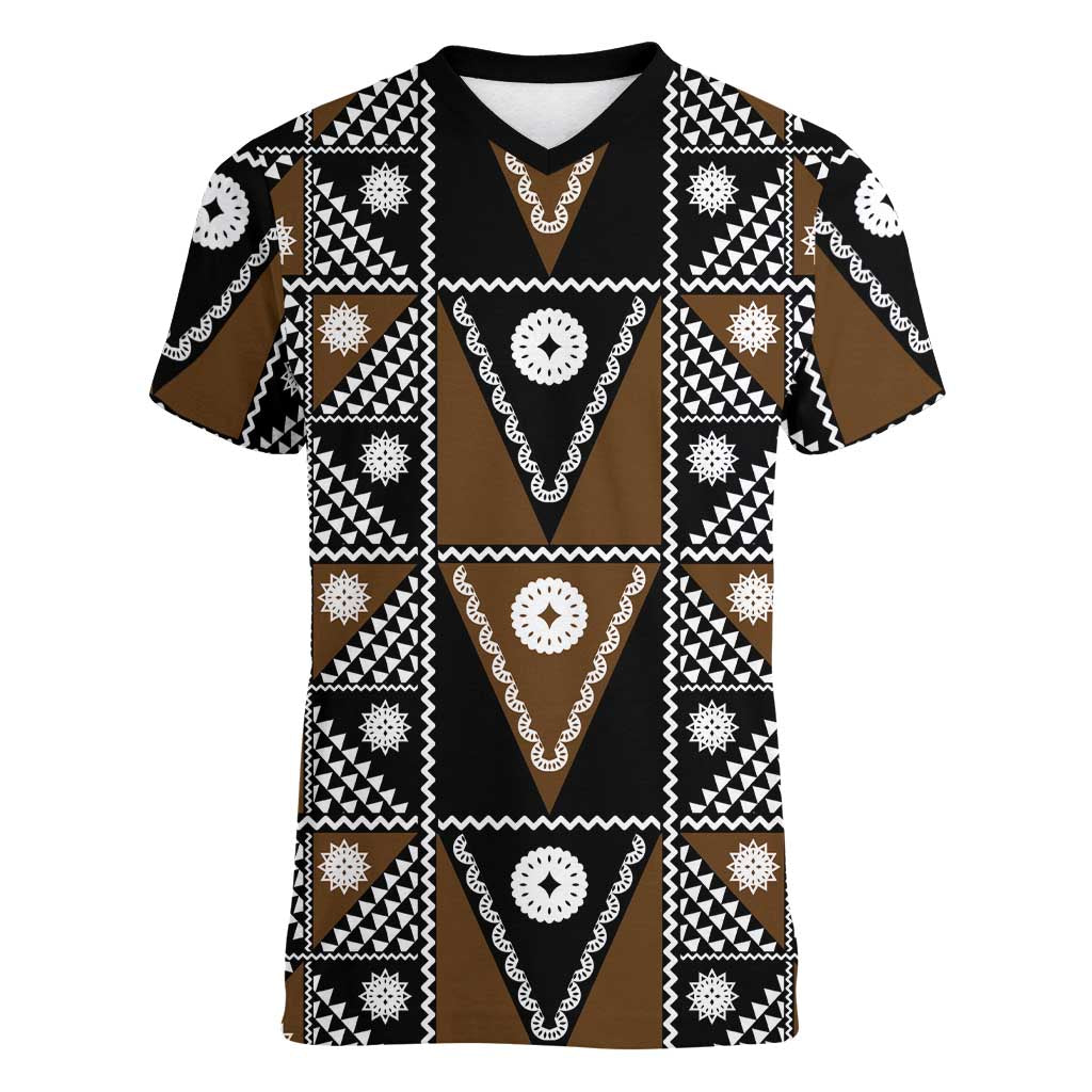 Fiji Brown Masi Pattern Women V-Neck T-Shirt Fijian Tapa