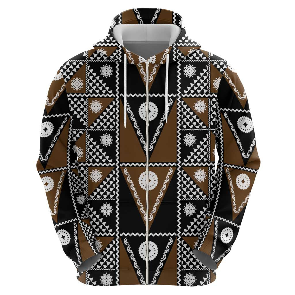 Fiji Brown Masi Pattern Zip Hoodie Fijian Tapa