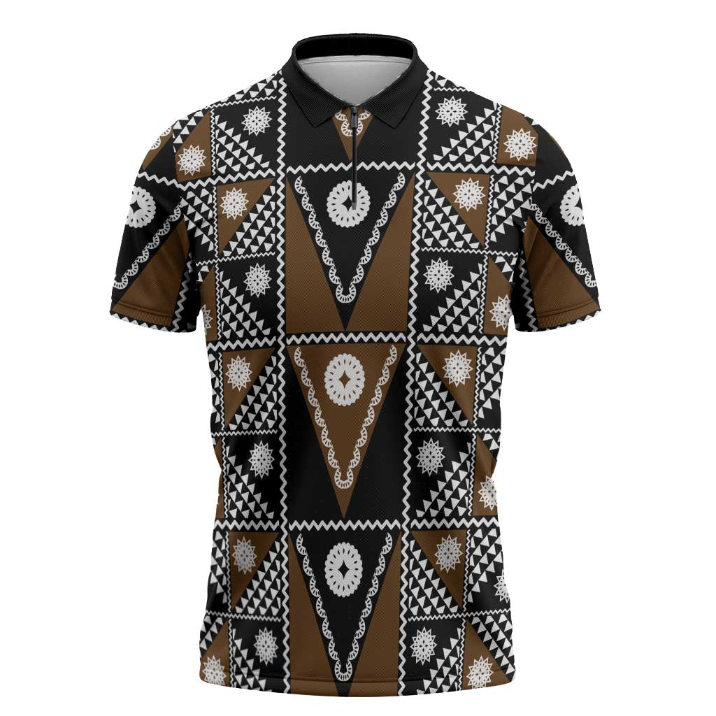 Fiji Brown Masi Pattern Zipper Polo Shirt Fijian Tapa