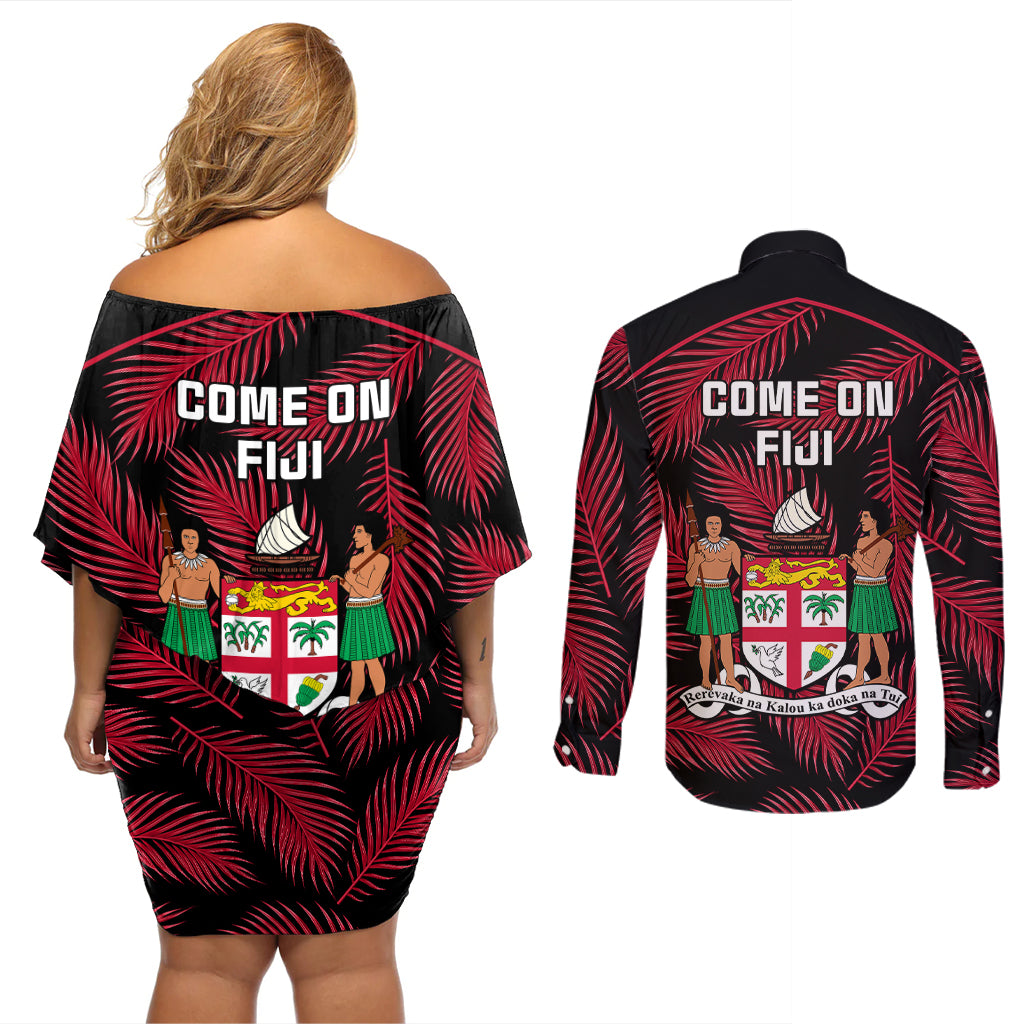 fiji-rugby-couples-matching-off-shoulder-short-dress-and-long-sleeve-button-shirts-flying-fijians-red-palm-tree-version